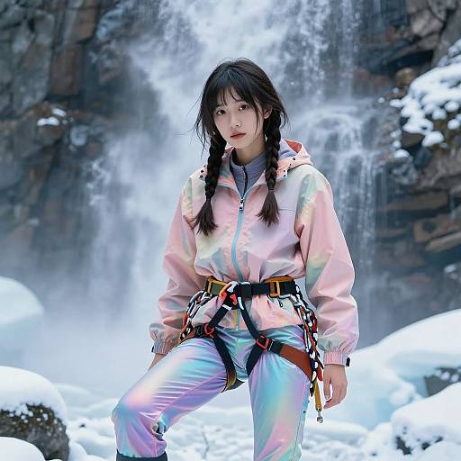 Photograph-style CGI of an Asian woman with braided black hair, wearing a pastel pink jacket, iridescent pants, and climbing gear,