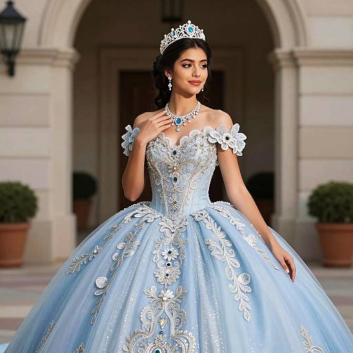 Young Woman in Blue Quinceañera Gown and Tiara