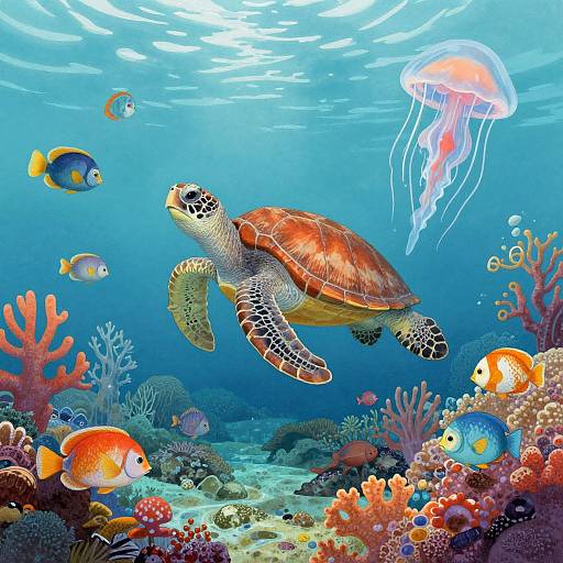 Colorful underwater scene: sea turtle swimming with vibrant fish, jellyfish, and coral reefs in a bright blue ocean. Digital illustration.