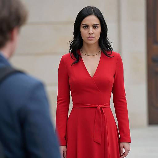 Photograph of a serious, dark-haired woman in a vibrant red, long-sleeved V-neck dress with a tied waist, standing against a beige