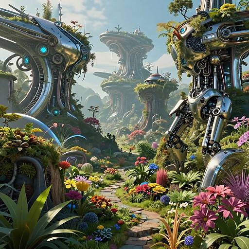 Digital artwork of a vibrant, futuristic garden with colorful flowers, towering, metallic robots, and lush, floating structures under a bright blue sky.