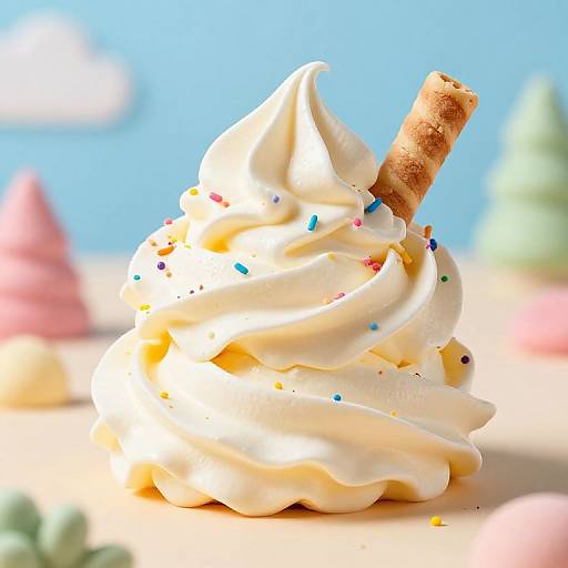 Photograph of a swirled vanilla ice cream cone with colorful sprinkles and a cinnamon stick, set against a blurred pastel background.