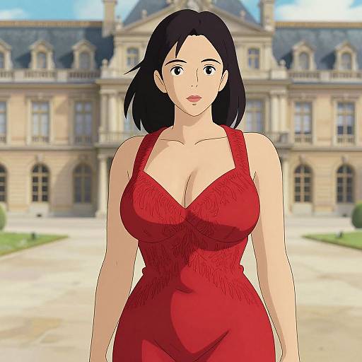 Digital anime-style drawing of a fair-skinned woman with black hair, wearing a red, low-cut, form-fitting dress, standing in front of