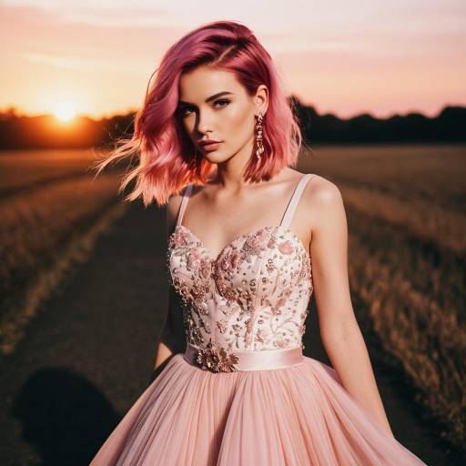 Woman with Pink Hair in Romantic Gown at Sunset