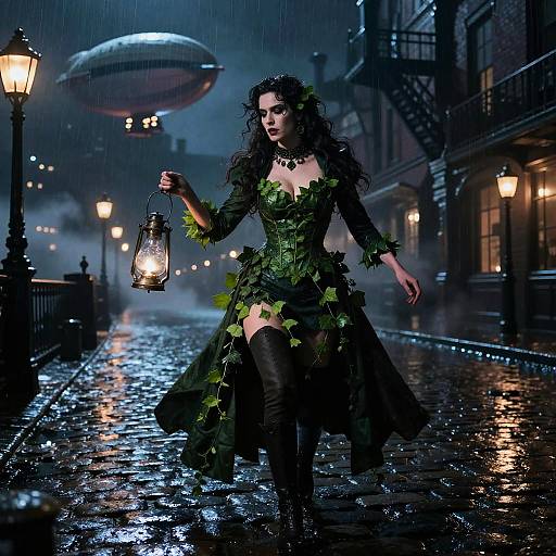 Photograph-style digital art of a dark-haired woman in a green leafy dress, black thigh-high boots, holding a lantern, walking a rainy,