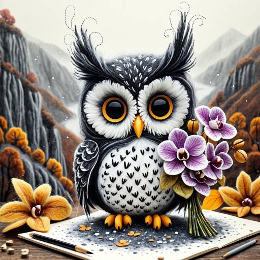 Cartoon Owl Holding Orchid Bouquet