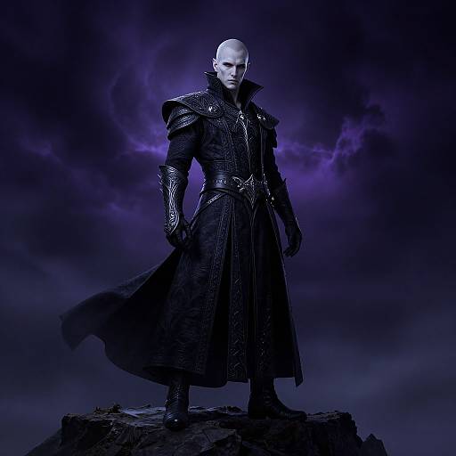 Photograph of a bald, muscular, pale-skinned figure in dark, ornate armor and long coat, standing on a rocky outcrop under a