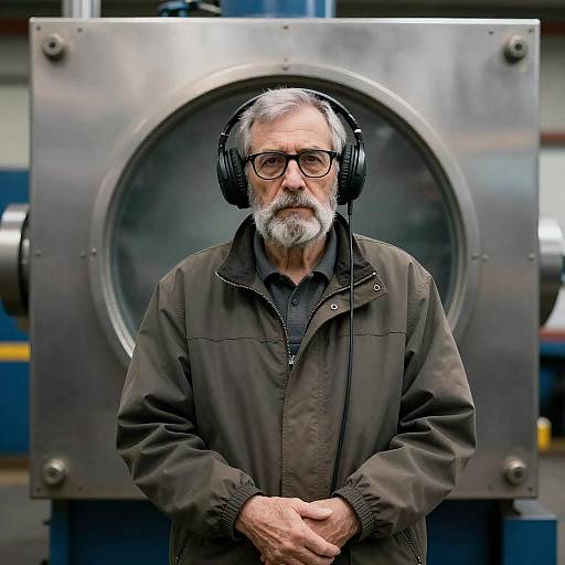 Older Man with Headphones in Industrial Setting