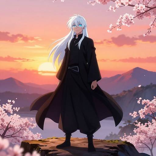 Anime Guy with White Hair at Sunset