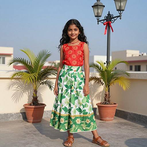 Young Indian Girl in Traditional Attire on Terrace