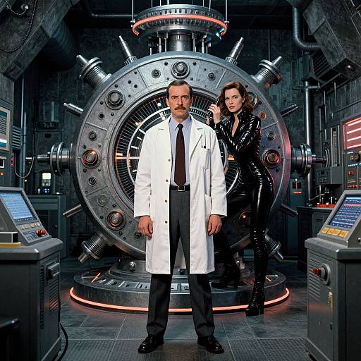Photograph-style CGI of a stern man in a white lab coat and black tie, standing before a large, futuristic control room with a woman in black