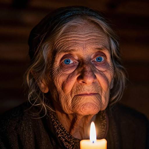 Photograph of an elderly woman with deep wrinkles, blue eyes, and gray hair, illuminated by a single lit candle in a dark, wood-paneled