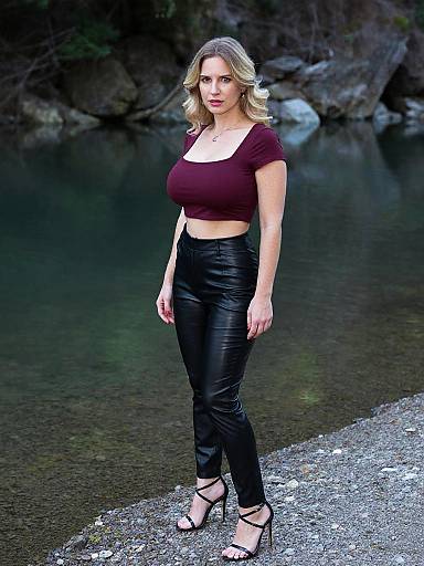 Photograph of a blonde woman with wavy hair, wearing a maroon crop top, black leather pants, and high-heeled sandals, standing by