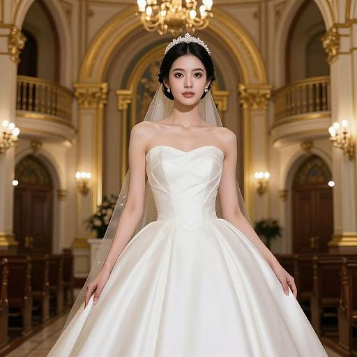 Photorealistic image of an Asian bride in a white strapless wedding gown with a tiara and veil, standing in an ornate, golden-l