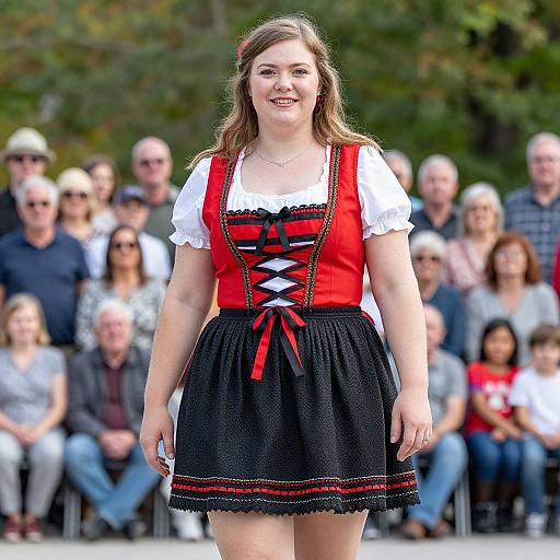 Photograph of a smiling young woman in a red and black traditional Bavarian dirndl, standing in front of a blurred audience.