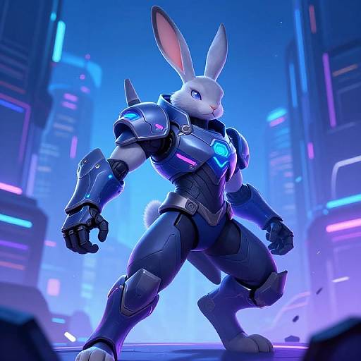 CGI image of a muscular anthropomorphic white rabbit in futuristic, glowing blue and purple armored suit, standing confidently in a neon-lit, cyberpunk