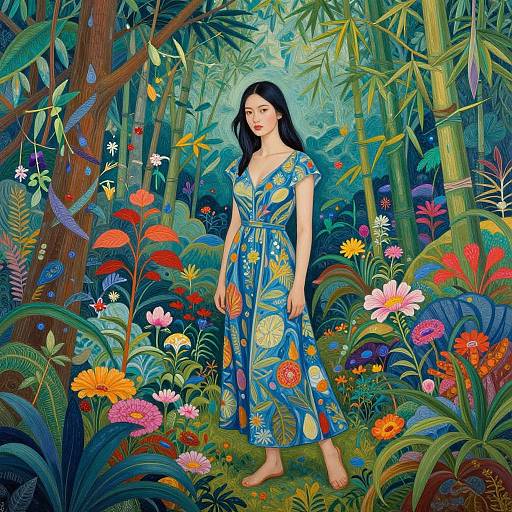 Digital illustration of a woman with long black hair in a blue floral dress, standing in a vibrant, colorful jungle with tall trees and exotic flowers.