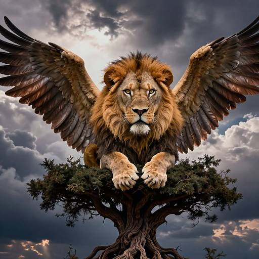 Digital artwork of a majestic lion with large, dark-feathered wings, perched on a tall tree, against a dramatic cloudy sky.
