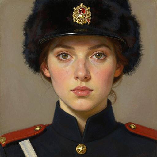 Digital painting of a young woman with fair skin, green eyes, wearing a black fur hat with a red and gold emblem, and a black military uniform
