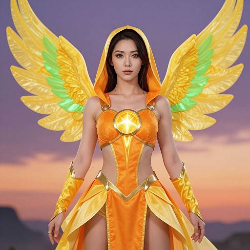 Digital artwork of an Asian woman with yellow-orange angel wings and hooded, metallic armor, standing against a twilight sky.