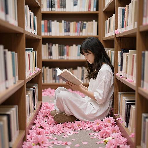 Photograph of an Asian woman with long black hair in a white dress, sitting on the floor of a library aisle, surrounded by pink flowers, reading