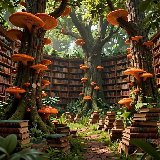 Fantastical forest scene with towering trees, vibrant orange mushrooms, and stacks of books, illuminated by sunlight filtering through lush greenery.