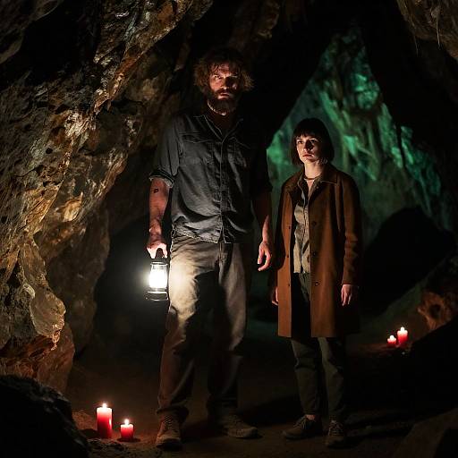Two People Exploring Dark Rocky Cave
