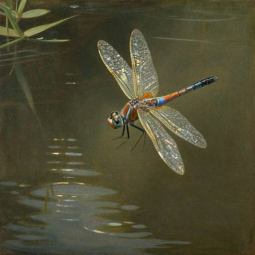 Photograph of a detailed, vibrant dragonfly with sparkling, translucent wings, orange and blue body, hovering above dark, reflective water.