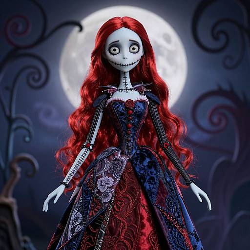 Digital art of a creepy, pale-skinned girl with long red hair, stitched smile, and black, ornate dress, under a full moon.