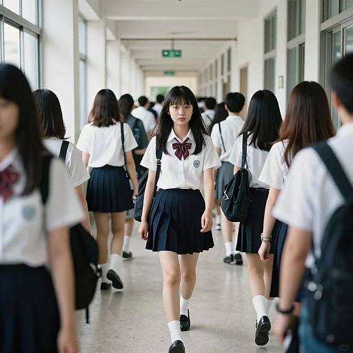 Photograph of a school hallway with Japanese teenage girls in white shirts and black skirts walking, blurred figures in the background, bright natural light from windows.