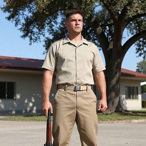 Stern Soldier by Modern Building