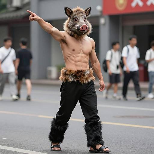 Muscular Performer in Furry Boar Mask