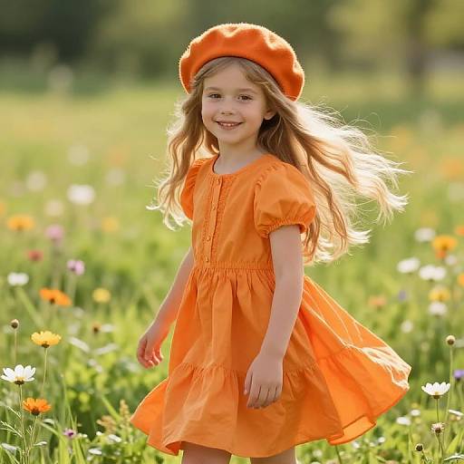 Joyful Blonde Girl in Orange Dress