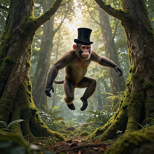 Photorealistic digital art of a jumping monkey in a forest, wearing a black top hat, framed by moss-covered trees with sunlight filtering through.