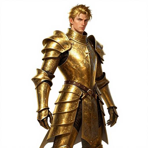 Photorealistic digital image of a handsome, blonde-haired man in ornate, gold-embellished medieval armor, standing confidently against a white background