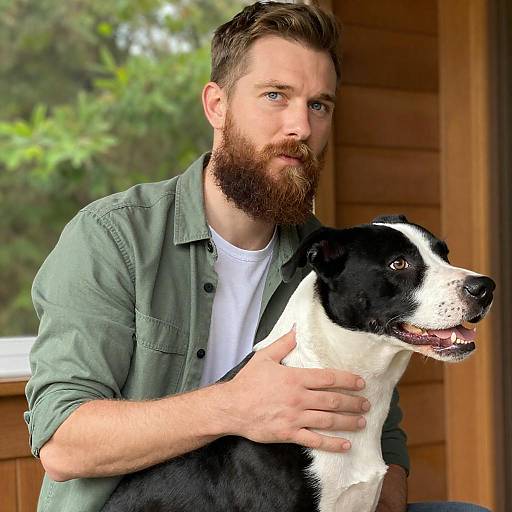 Bearded Blue-Eyed Man with Dog Indoors