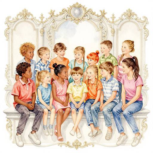 Colorful digital illustration of diverse, happy children sitting in front of ornate mirrors, wearing casual clothes, smiling and laughing together.