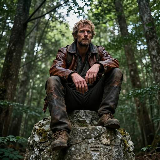 Photograph of a rugged, bearded man with messy brown hair, wearing a worn leather jacket, sitting on a moss-covered rock in a dense,
