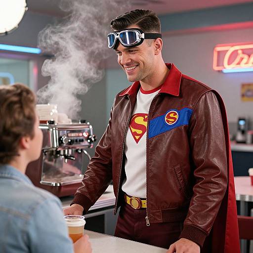 Photograph of a smiling man in a Superman jacket, red collar, blue 