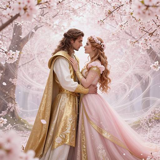 Photograph-like digital artwork of a romantic couple in medieval-inspired golden and pink attire, standing under blooming cherry blossoms, gazing into each other