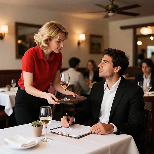 Intimate Restaurant Scene with Wine Transfer