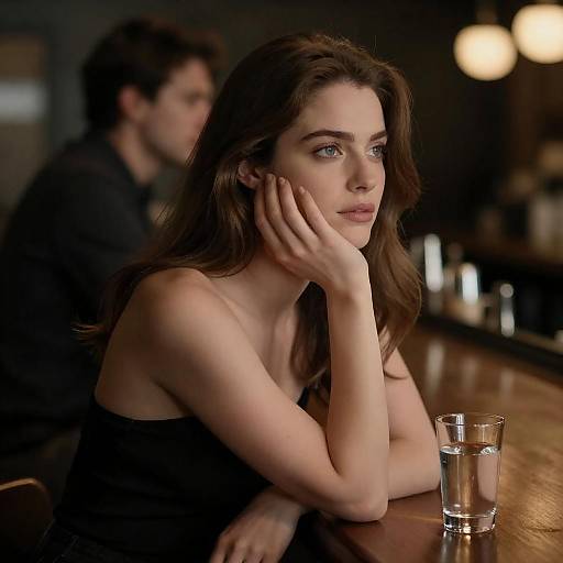 Pensive Woman at Wooden Bar Table
