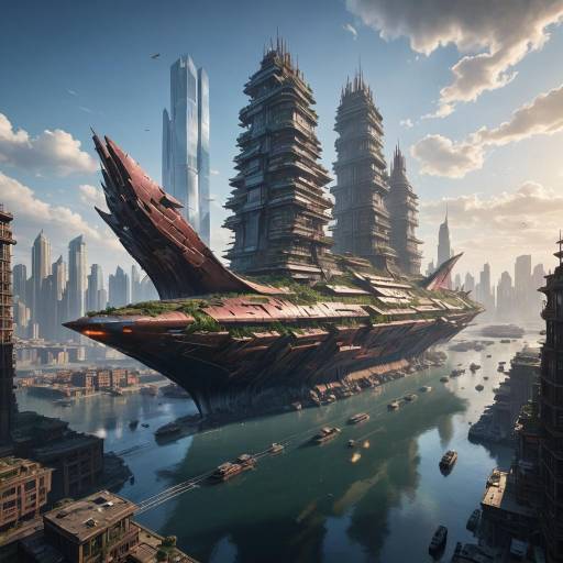 Enormous Dragon Ship in Urban Harbor Enormous Dragon Ship in Urban Harbor