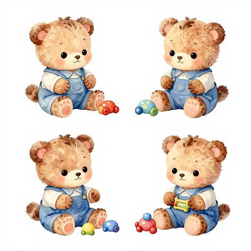 Watercolor illustration of four cute, fluffy teddy bears in blue overalls, each playing with colorful toy cars and blocks.