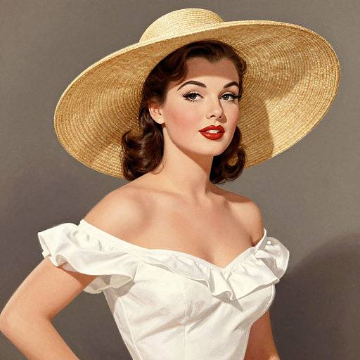 Vintage-style digital illustration of a fair-skinned woman with red lipstick, wearing a wide-brimmed straw hat and off-shoulder white blouse,