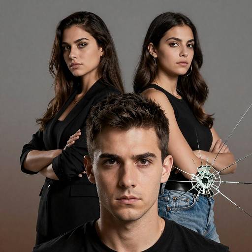Portrait of Serious Young Man with Two Confident Women and Cracked Glass