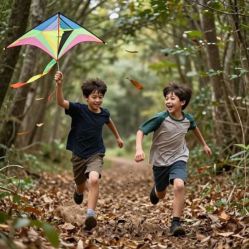 Boys Running Through Forest Trail