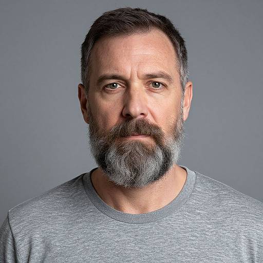 Photograph of a middle-aged man with a gray beard and short dark hair, wearing a light gray sweater, against a plain gray background.