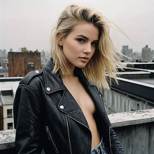 Fashion Model with Blonde Hair in Leather Jacket on Rooftop