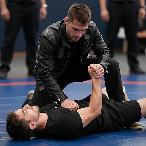 Leather-Clad Fighter Over Opponent on Mat